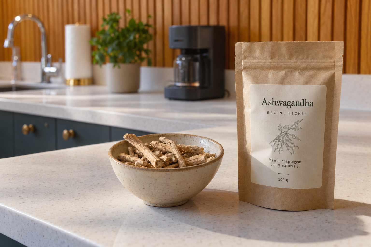Sachet de racine d’ashwagandha séchée et bol de racines sur un plan de travail de cuisine