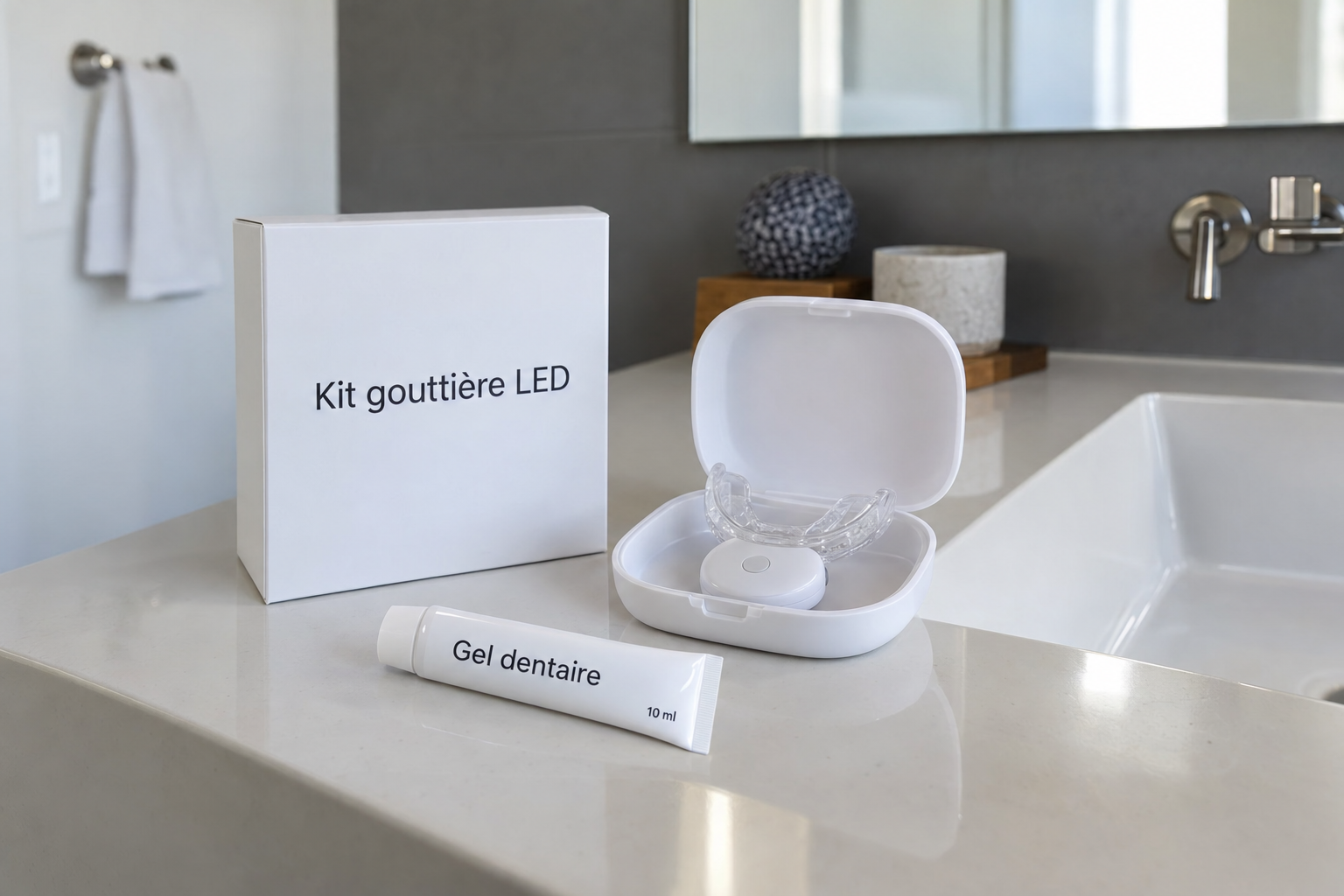 Kit de blanchiment maison avec gel, gouttière LED et étui posés au bord d’un lavabo
