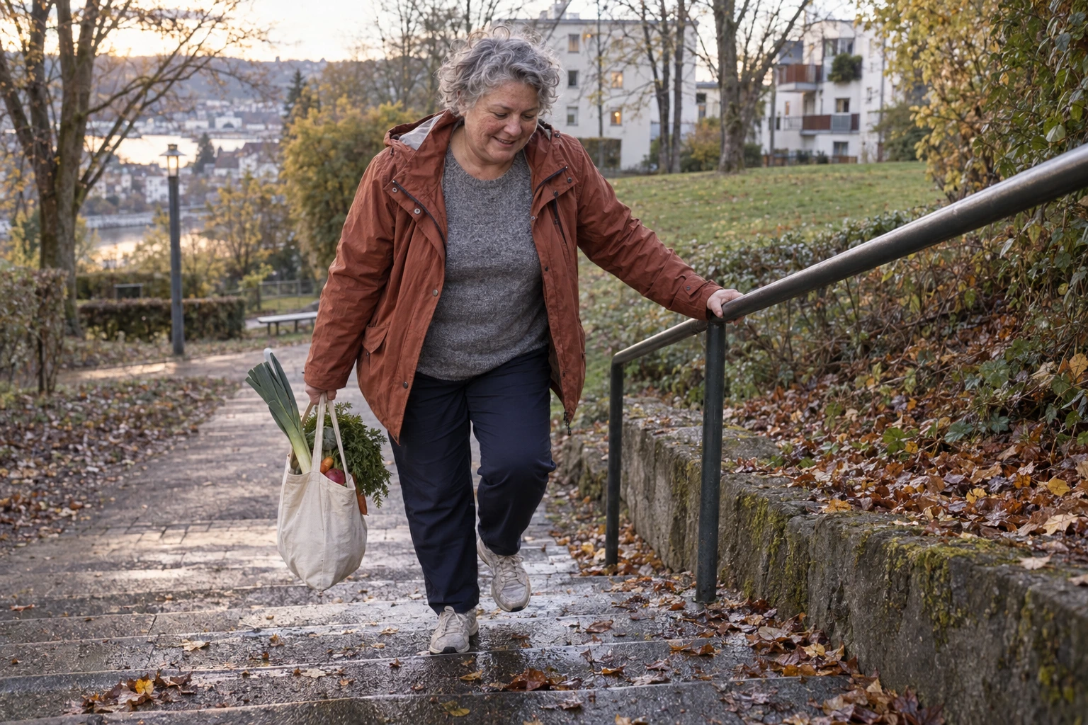 Femme âgée montant un escalier dans un parc en automne, un sac de légumes à la main