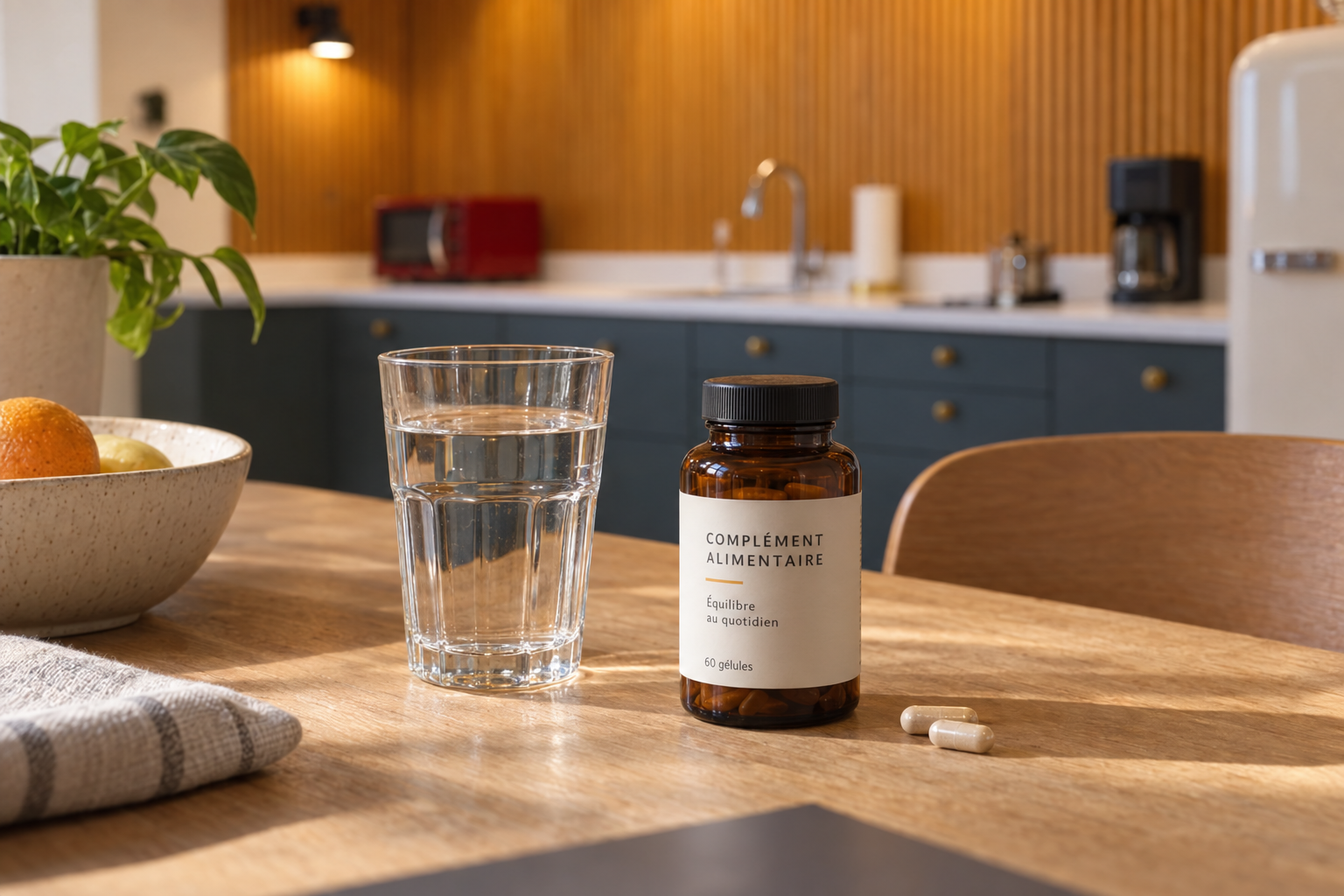 Flacon de gélules de complément alimentaire à côté d’un verre d’eau sur une table de cuisine