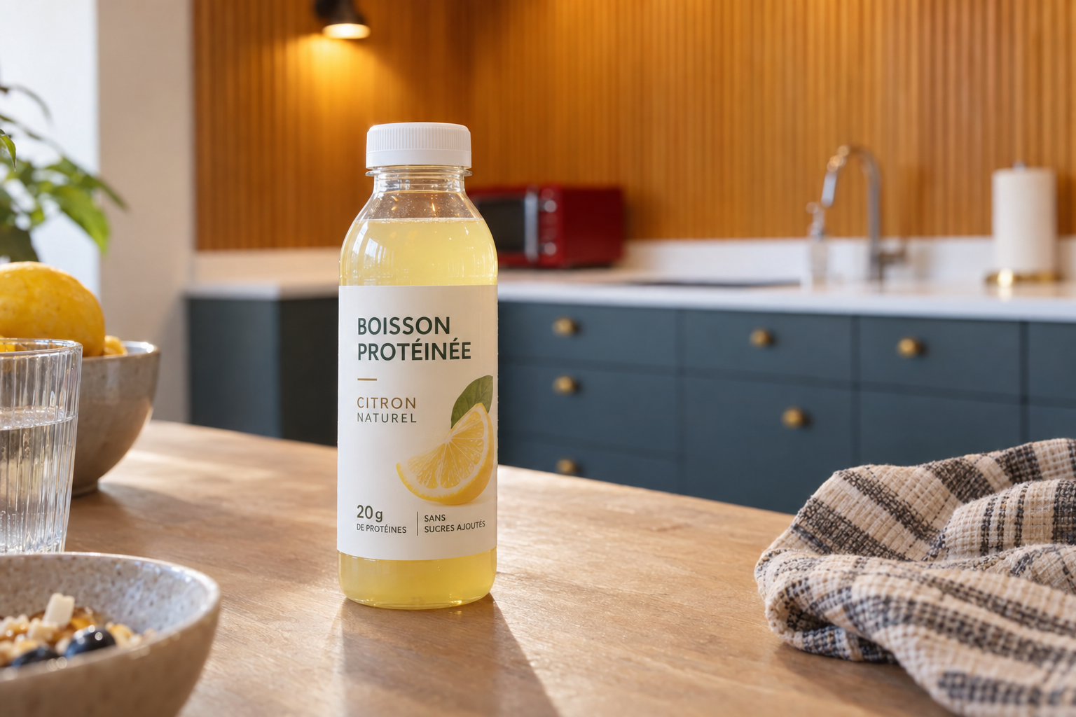 Bouteille de boisson protéinée au citron sur une table de cuisine