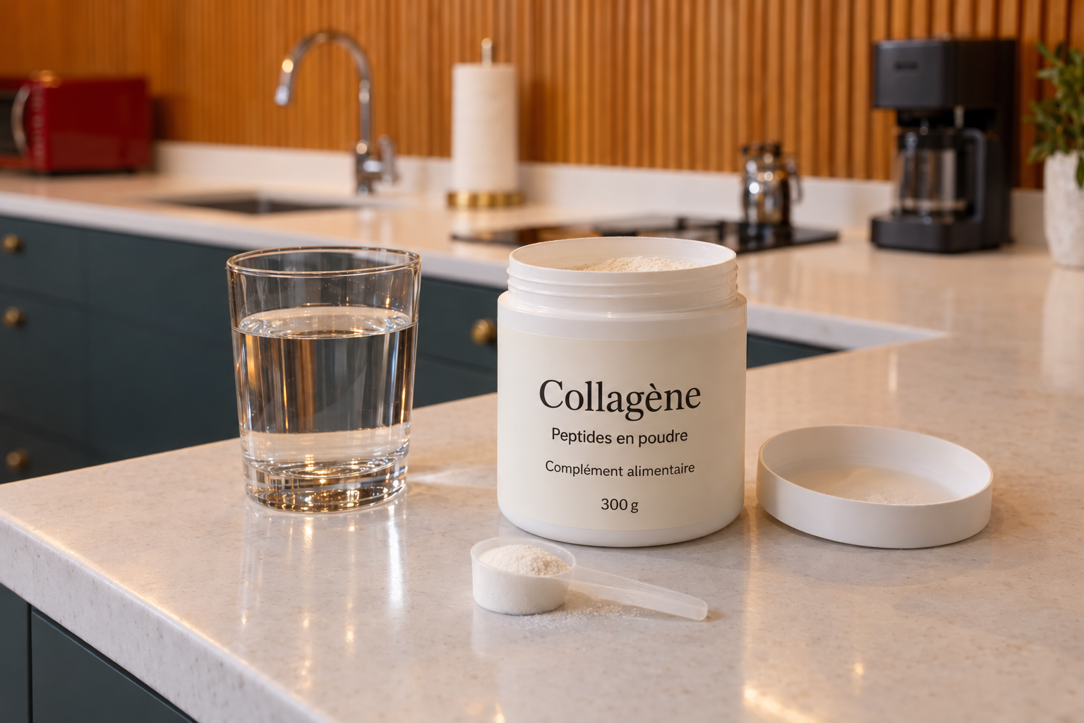 Pot de collagène en poudre, doseur et verre d’eau sur un plan de travail de cuisine