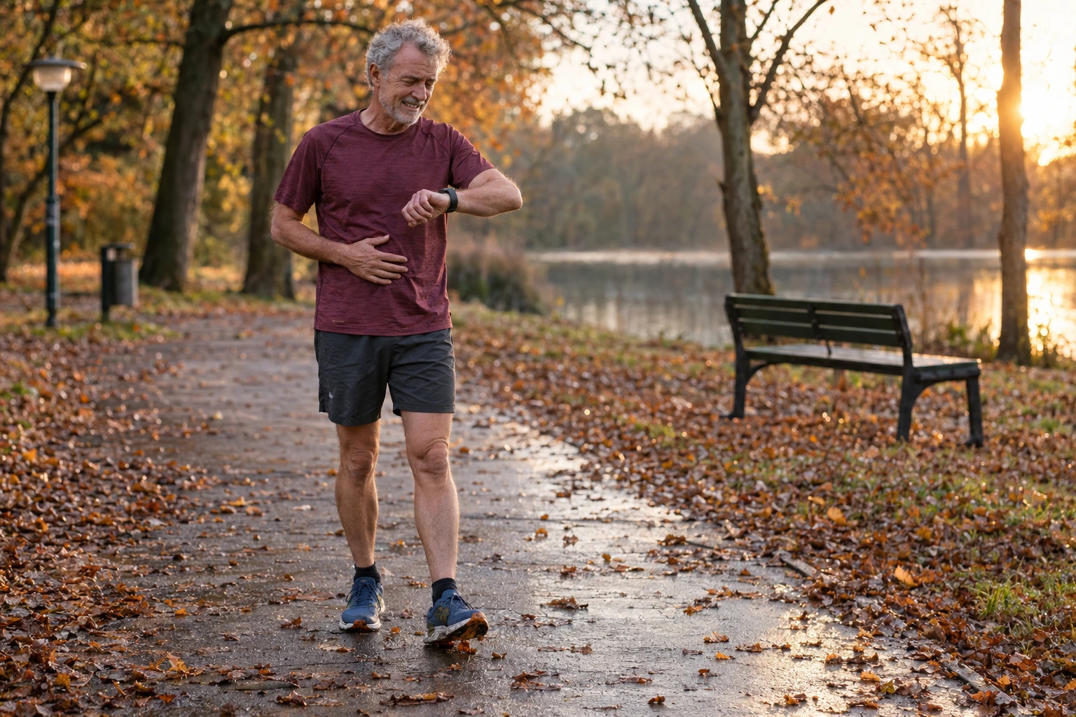 Homme d’âge mûr en tenue de course regardant sa montre sur un chemin de parc en automne