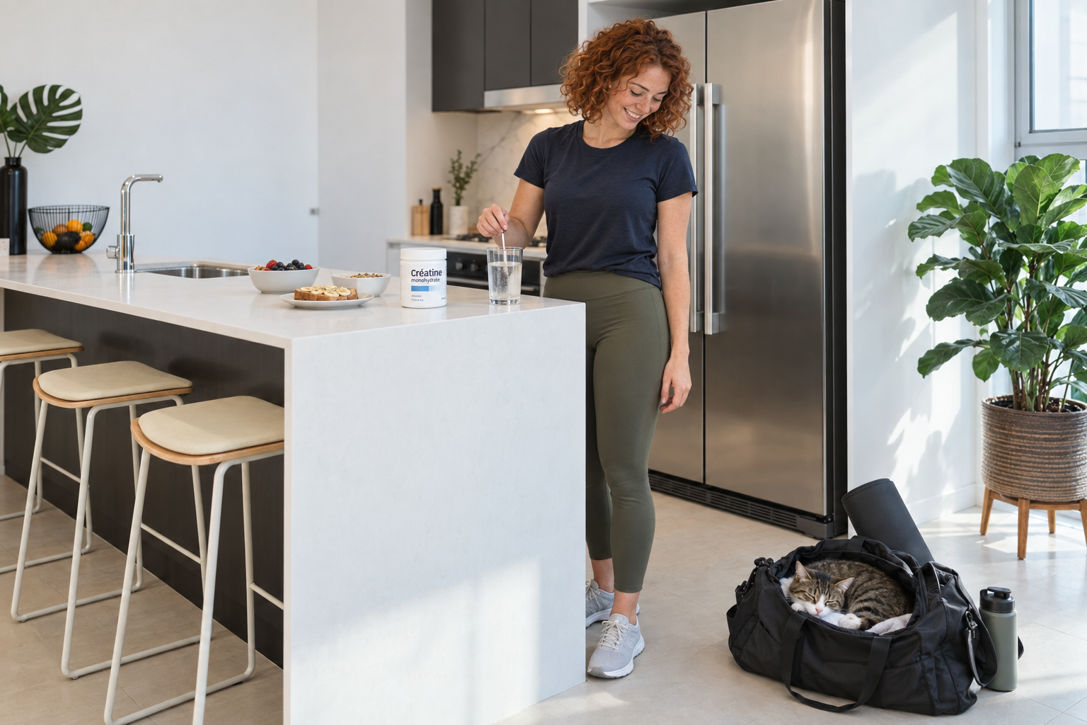 Femme en tenue de sport préparant une boisson dans sa cuisine, un chat installé dans son sac de sport