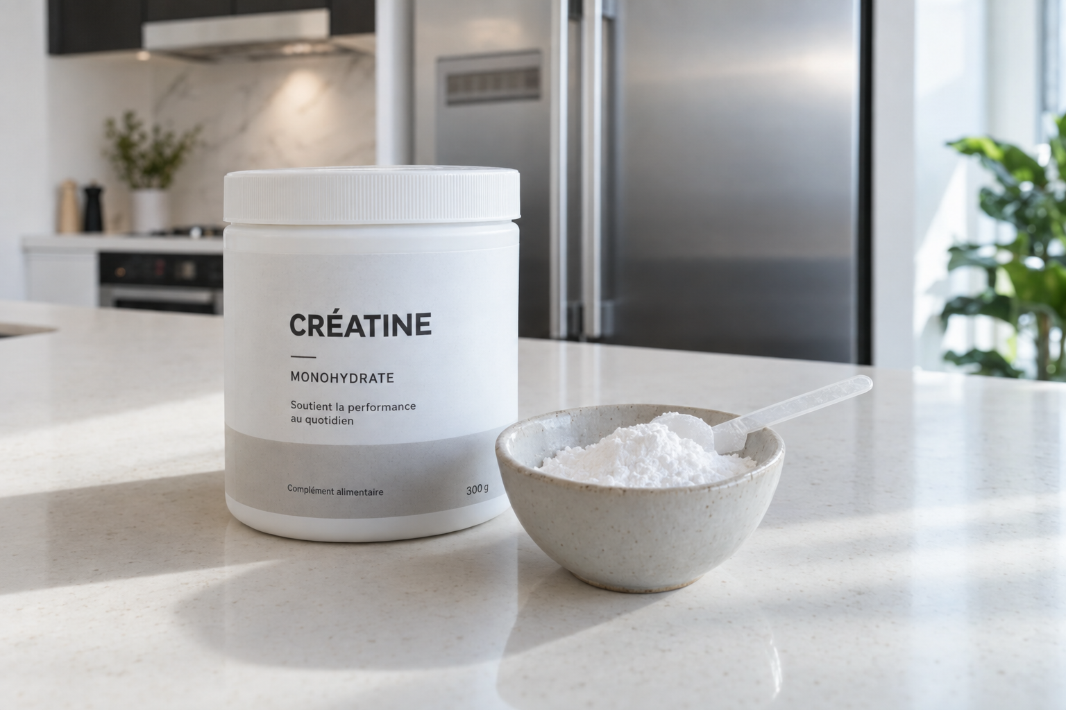 Pot de créatine monohydrate et bol de poudre sur un plan de travail