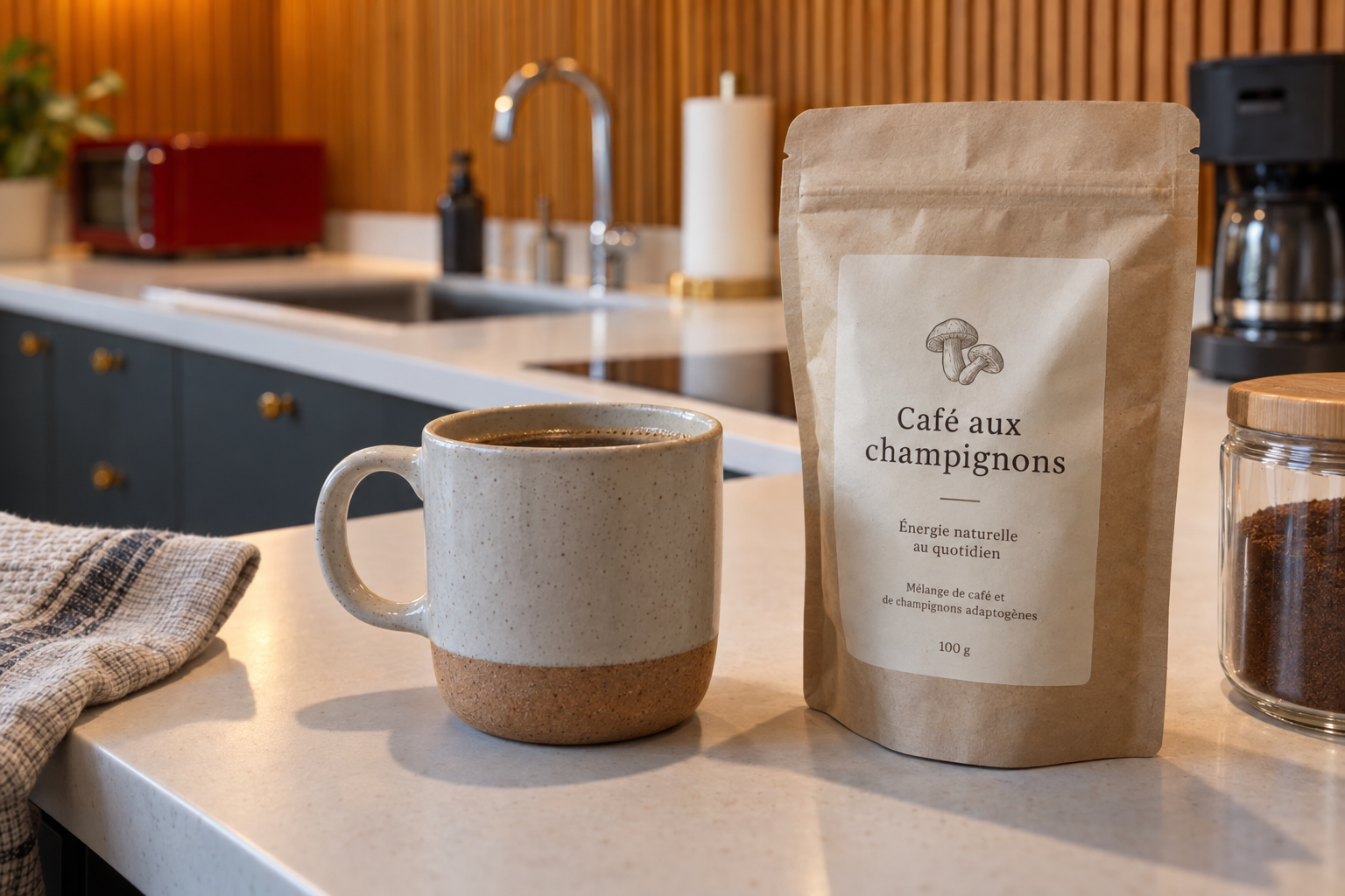 Tasse de café et sachet de café aux champignons sur un plan de travail de cuisine