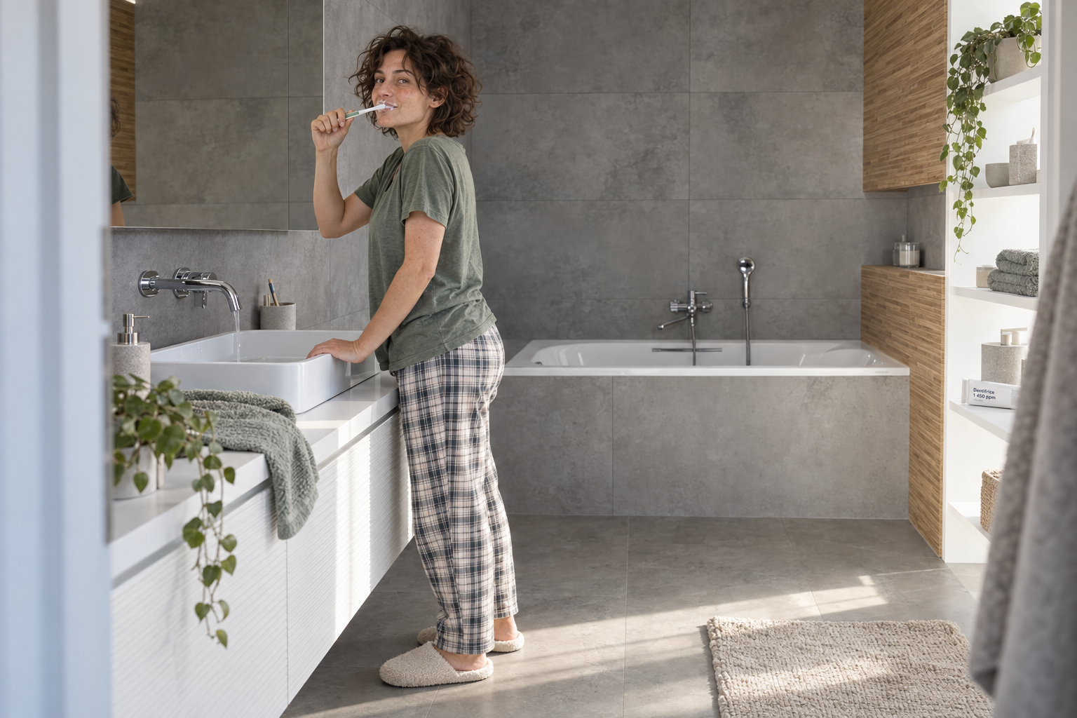 Femme en pyjama se brossant les dents devant le lavabo de sa salle de bains