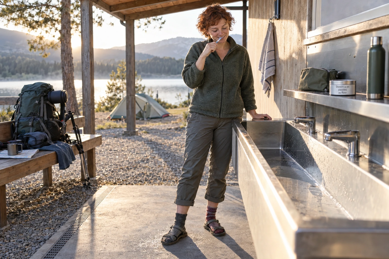 Randonneuse se brossant les dents à un lavabo extérieur de camping, au bord d’un lac