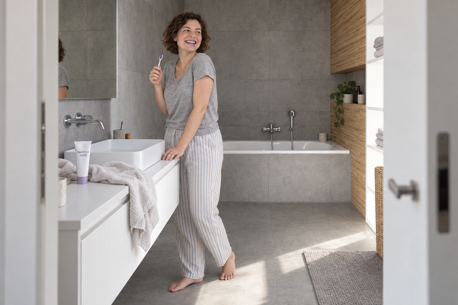 Femme souriante tenant une brosse à dents dans sa salle de bains, un tube de dentifrice violet posé près du lavabo