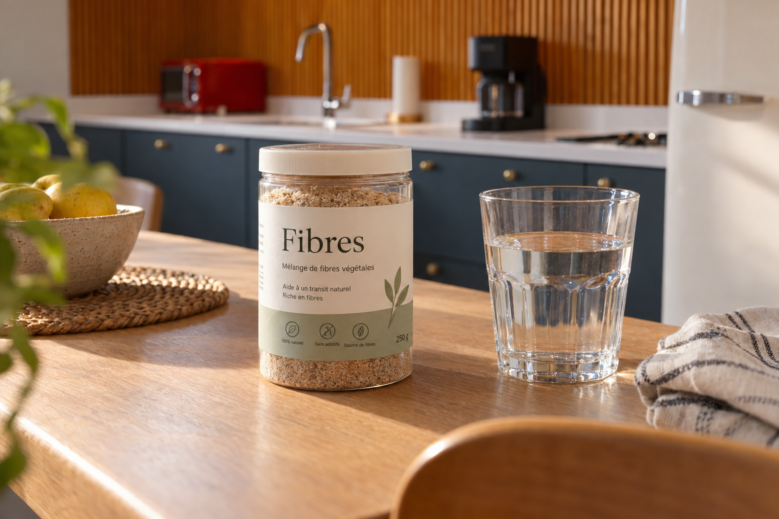 Bocal de mélange de fibres végétales et verre d’eau sur une table de cuisine