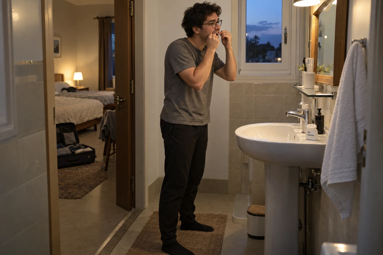 Homme passant le fil dentaire devant le lavabo de sa salle de bains, le soir