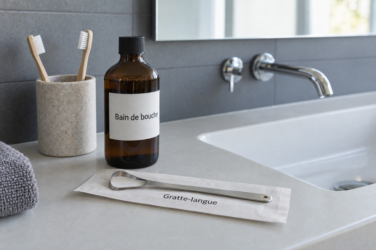 Gratte-langue en inox posé au bord d’un lavabo, à côté d’un bain de bouche et de brosses à dents