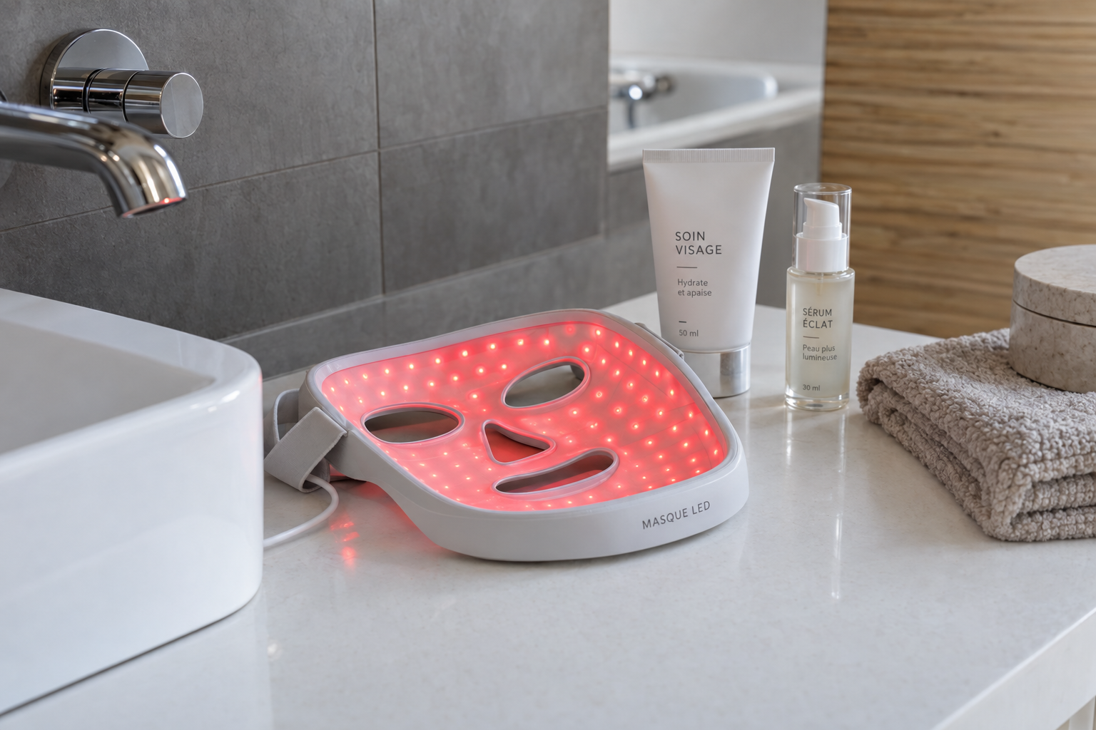 Masque LED à lumière rouge allumé au bord d’un lavabo, à côté de soins pour le visage
