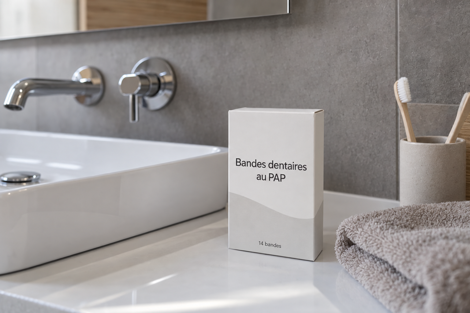 Boîte de bandes de blanchiment au PAP posée au bord d’un lavabo