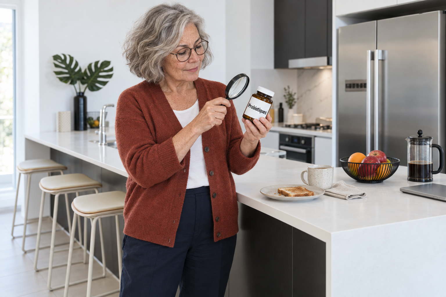 Femme âgée lisant à la loupe l’étiquette d’un flacon dans sa cuisine