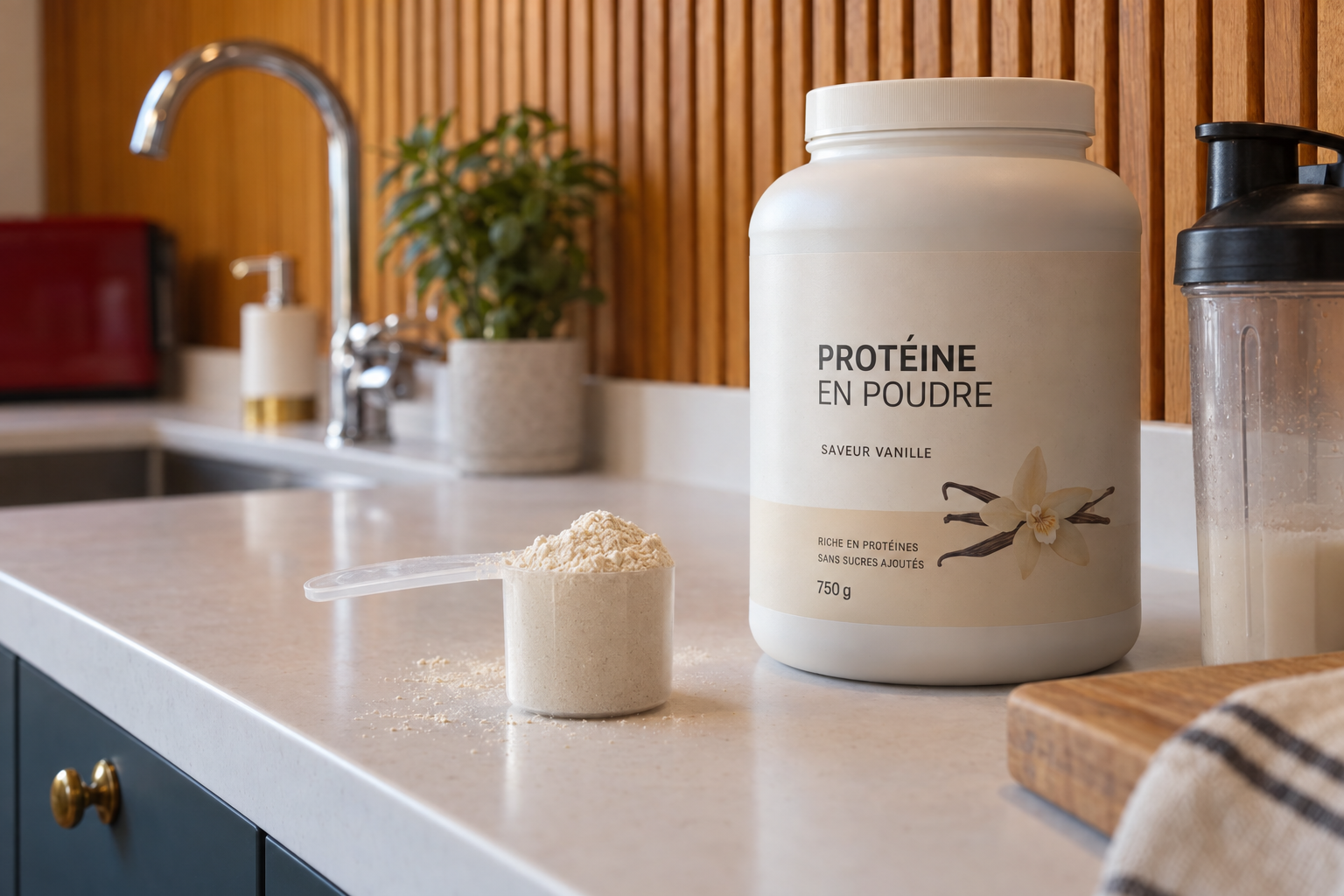 Pot de protéine en poudre saveur vanille, doseur et shaker sur un plan de travail de cuisine