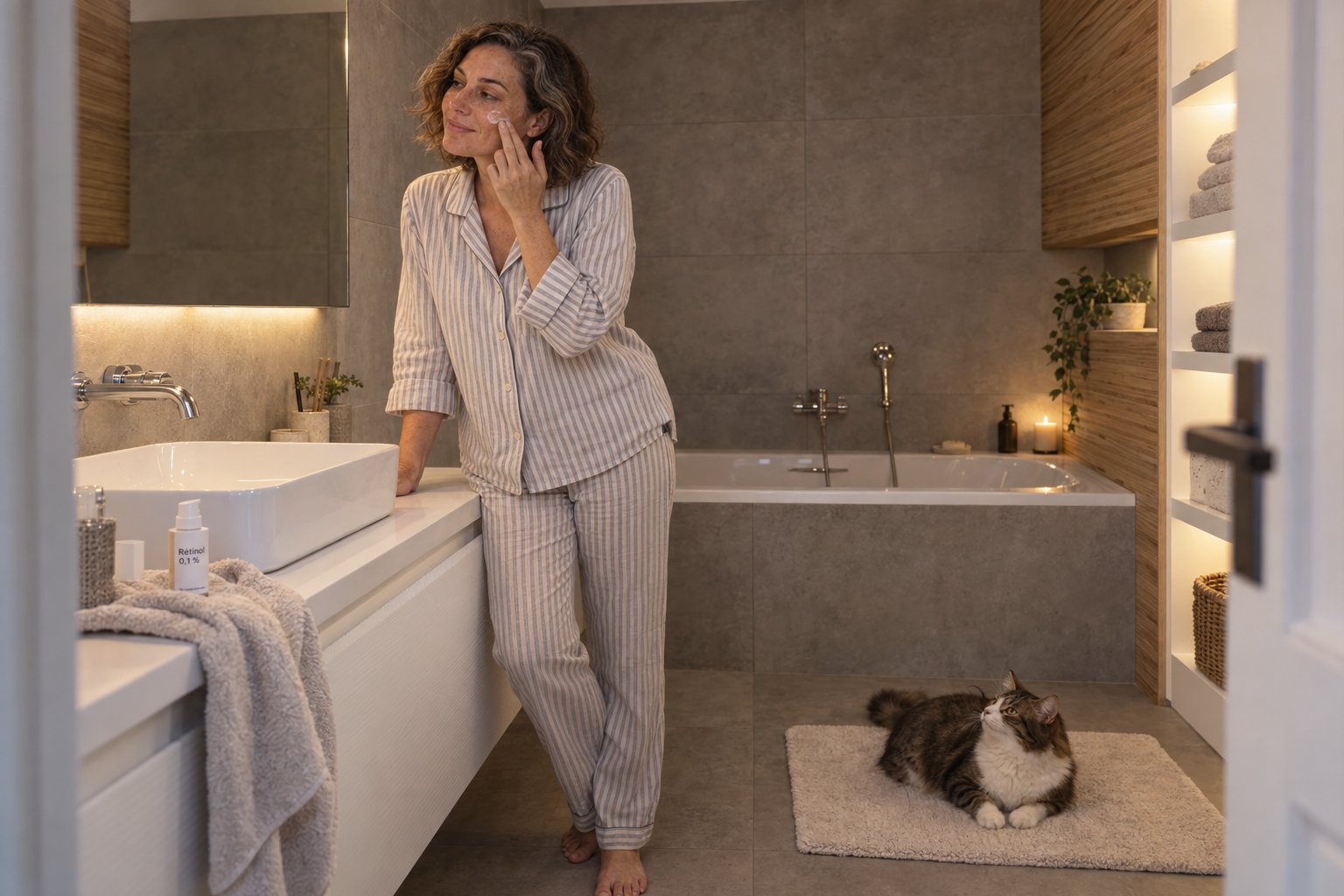 Femme en pyjama appliquant un soin sur son visage dans sa salle de bains, un chat couché sur le tapis