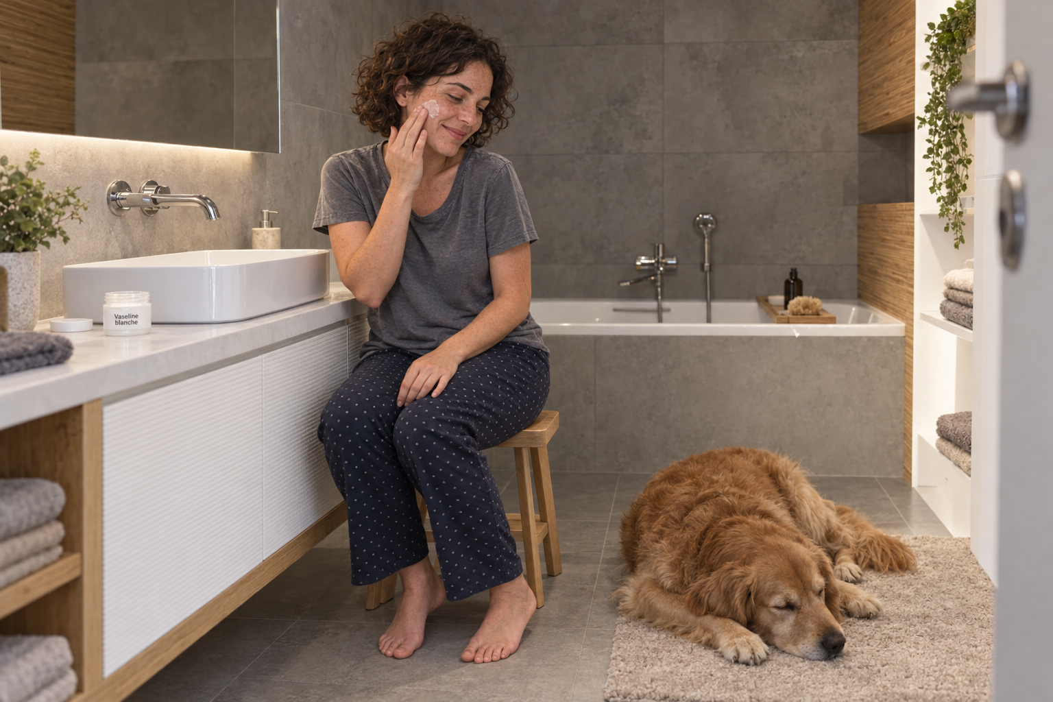 Femme assise dans sa salle de bains appliquant une crème sur son visage, un chien couché à ses pieds