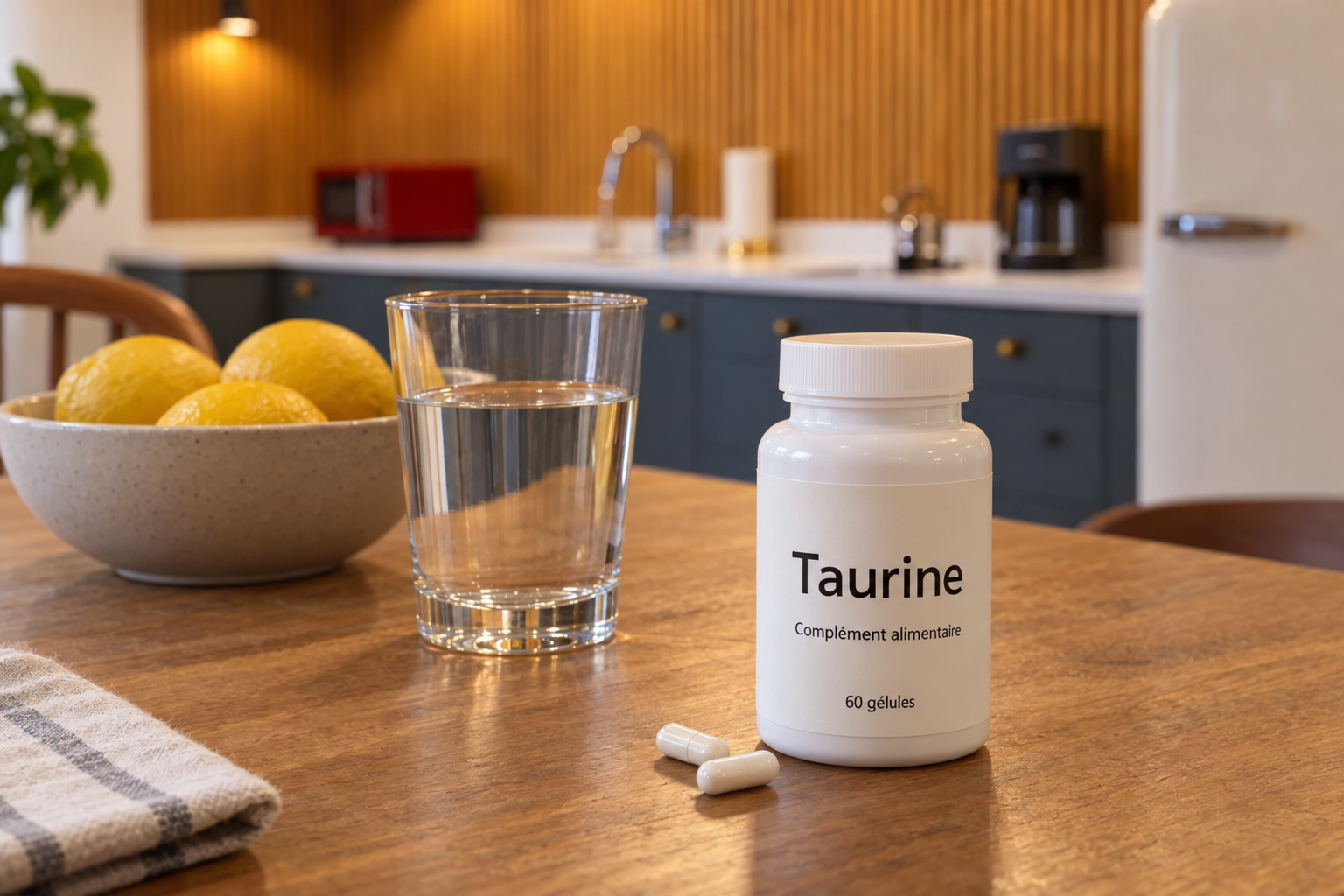 Flacon de gélules de taurine à côté d’un verre d’eau sur une table de cuisine