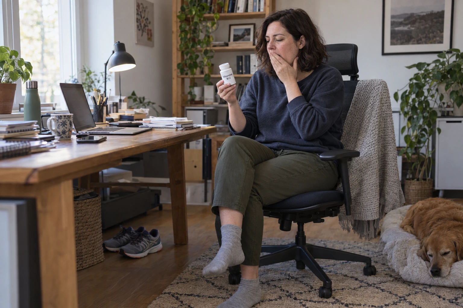 Femme fatiguée à son bureau à domicile, un flacon de vitamine B12 à la main