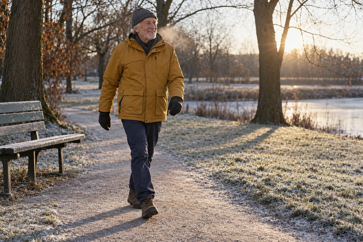 Homme âgé marchant dans un parc givré sous le soleil bas d’un matin d’hiver