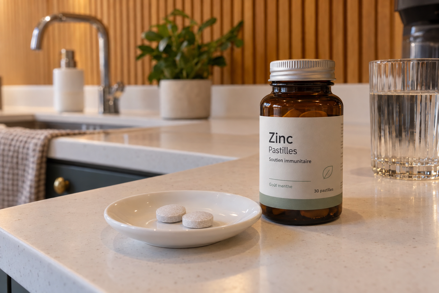 Flacon de pastilles de zinc et deux pastilles dans une coupelle, à côté d’un verre d’eau